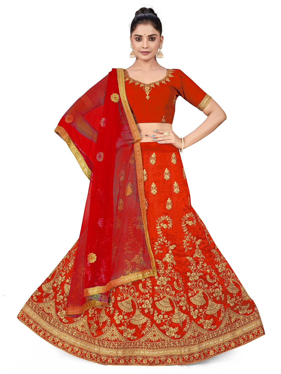 

MANVAA Embroidered Zari Semi-Stitched Lehenga & Unstitched Blouse With Dupatta, Rust