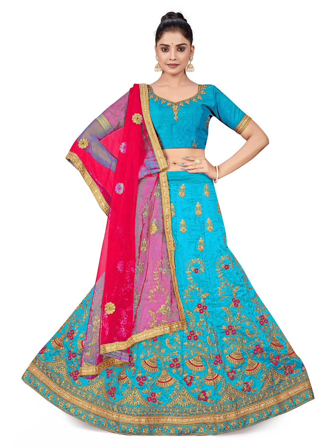 

MANVAA Embroidered Beads and Stones Semi-Stitched Lehenga & Unstitched Blouse With Dupatta, Blue