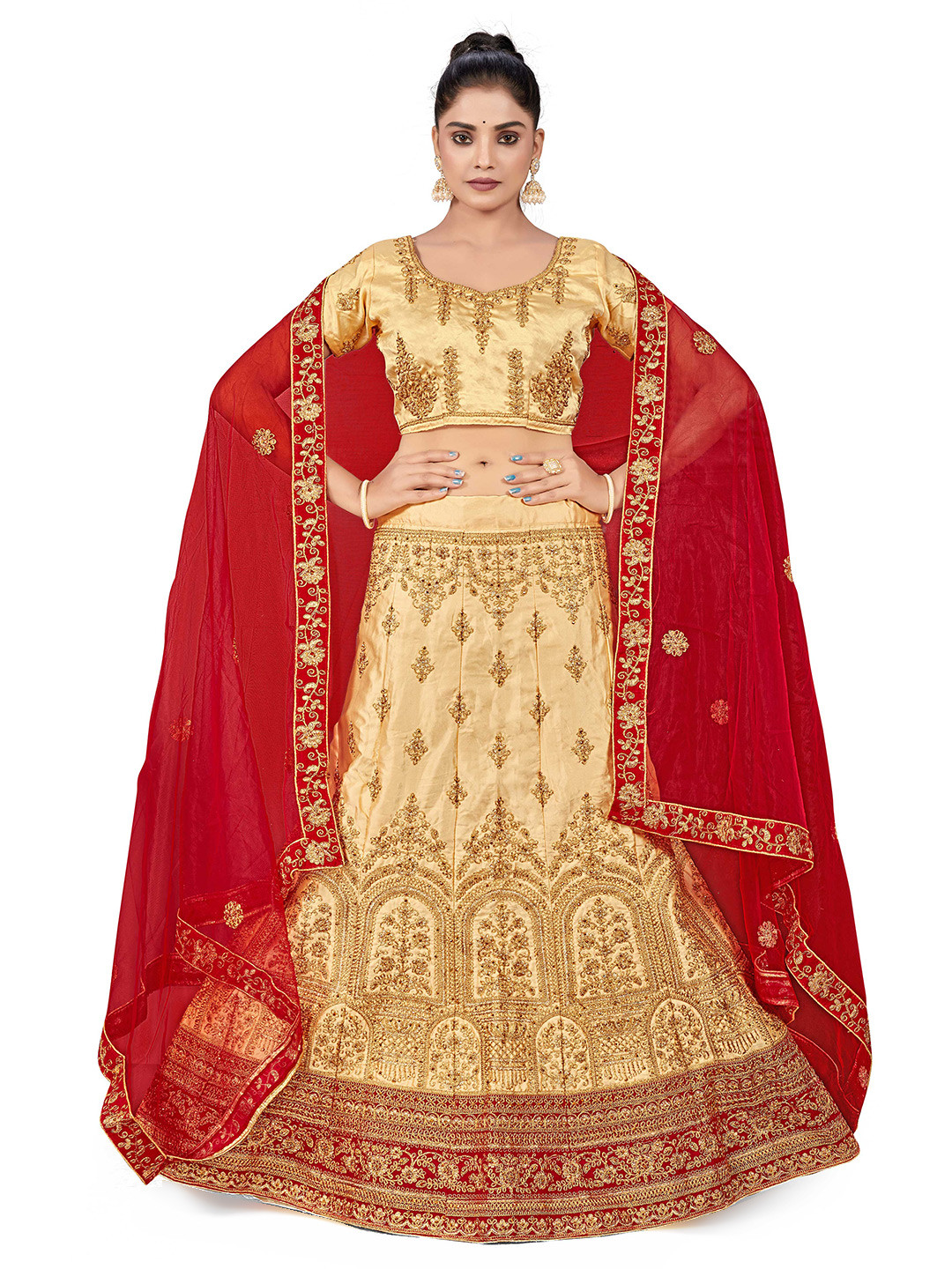 

MANVAA Embroidered Beads & Stones Semi-Stitched Lehenga & Unstitched Blouse With Dupatta, Beige