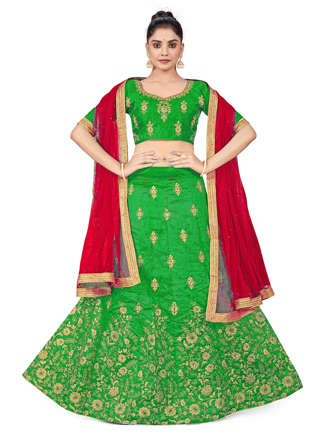 

MANVAA Ethnic Motif Embroidered Semi-Stitched Lehenga & Unstitched Blouse With Dupatta, Green