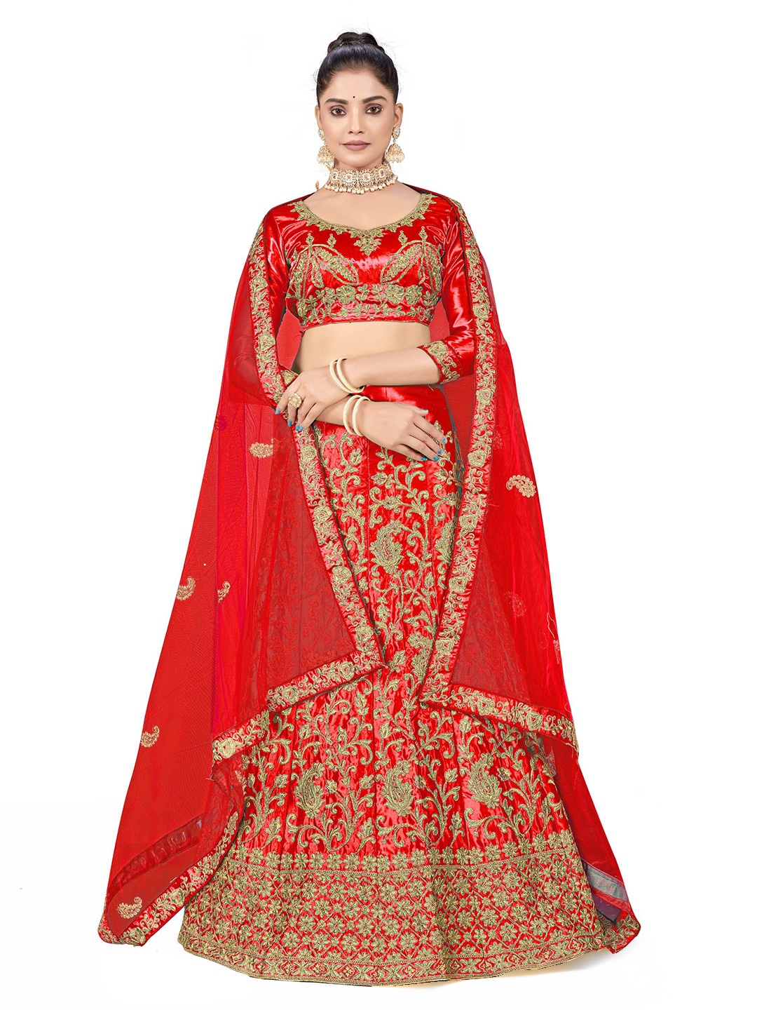 

MANVAA Embroidered Beads and Stones Semi-Stitched Lehenga & Unstitched Blouse With Dupatta, Red