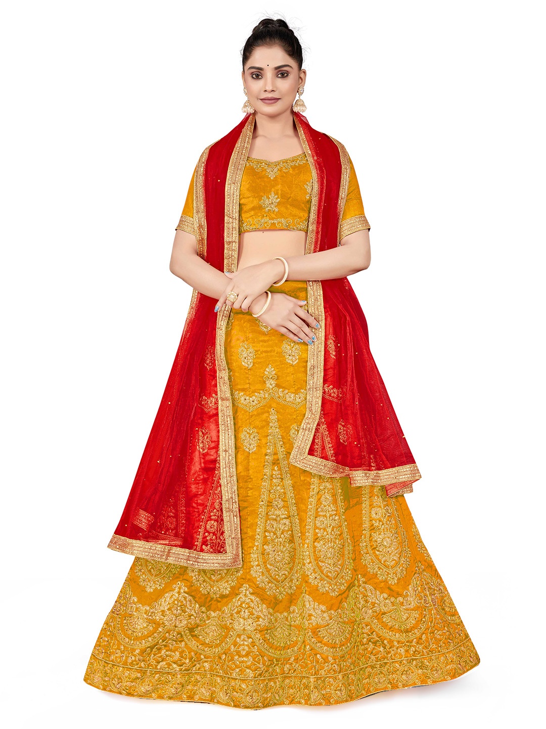 

MANVAA Embroidered Thread Work Semi-Stitched Lehenga & Unstitched Blouse With Dupatta, Mustard