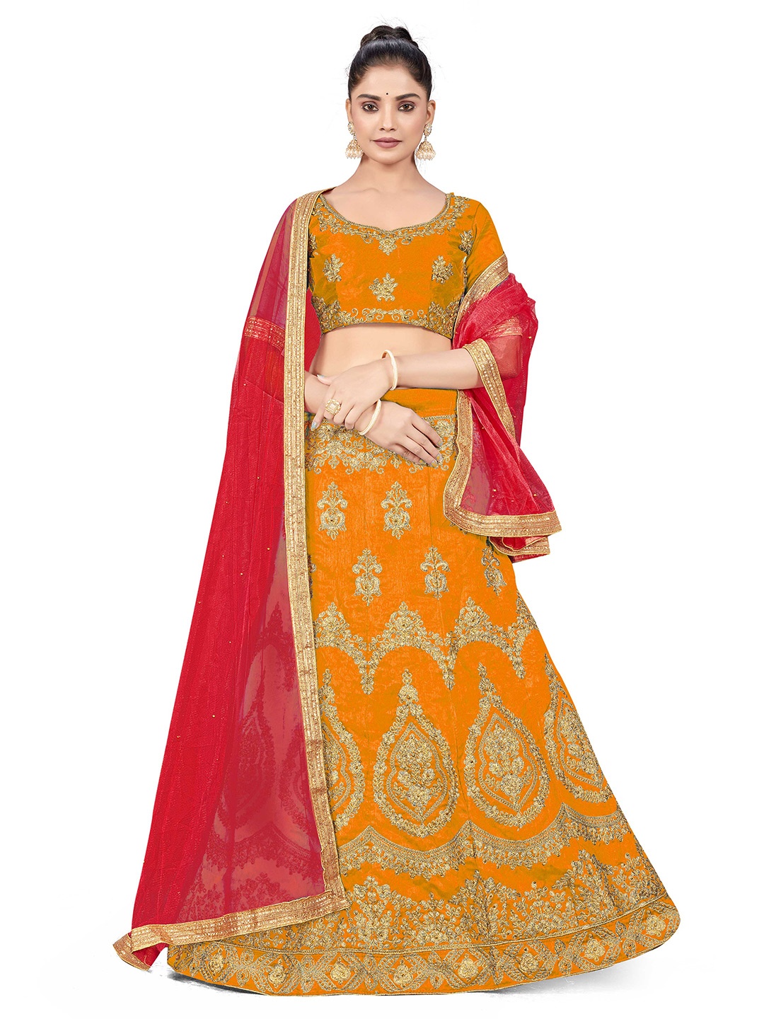 

MANVAA Embroidered Beads and Stones Semi-Stitched Lehenga & Unstitched Blouse With Dupatta, Mustard