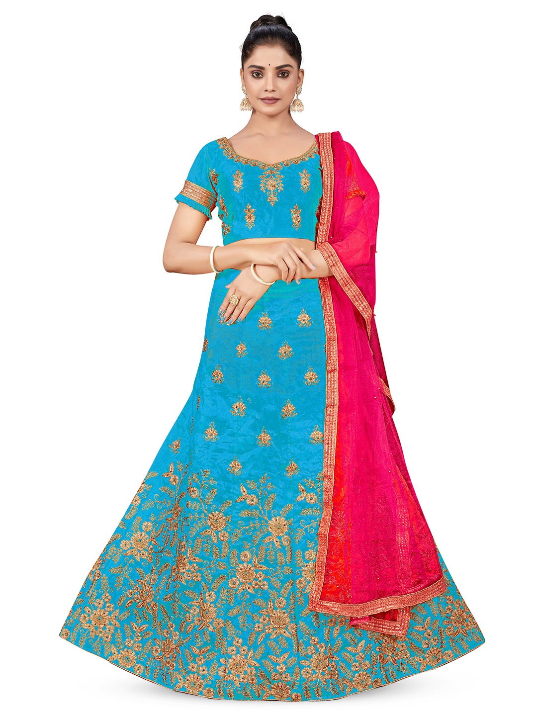 

MANVAA Embroidered Thread Work Semi-Stitched Lehenga & Unstitched Blouse With Dupatta, Blue