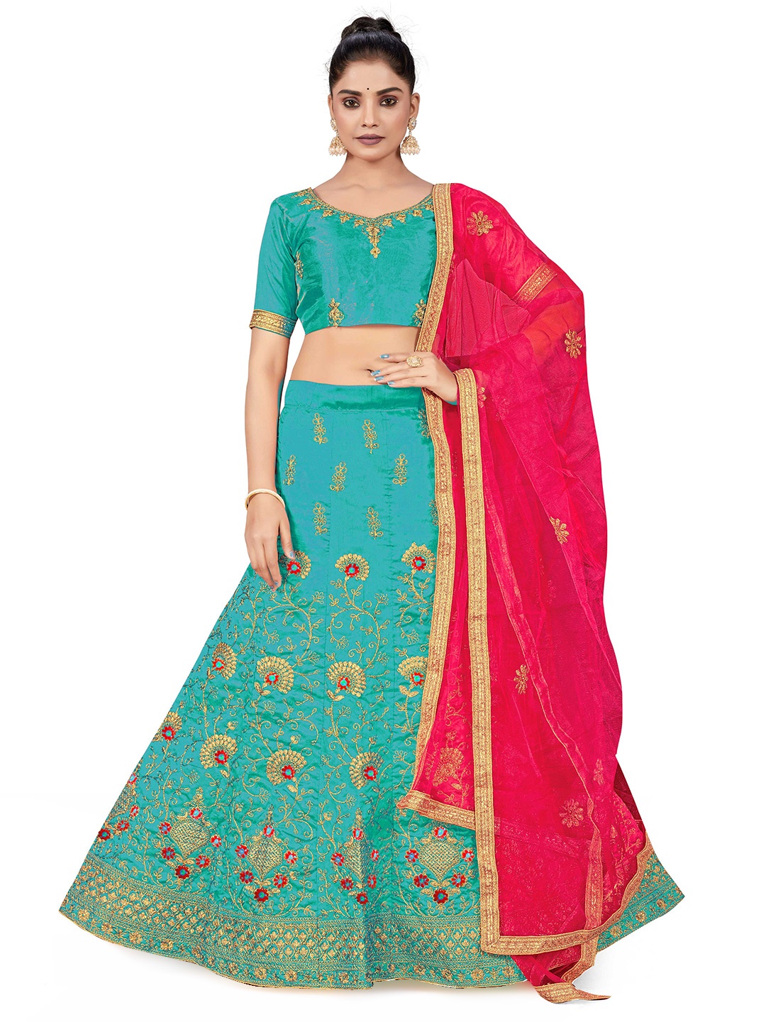 

MANVAA Embroidered Beads & Stones Semi-Stitched Lehenga & Unstitched Blouse With Dupatta, Blue