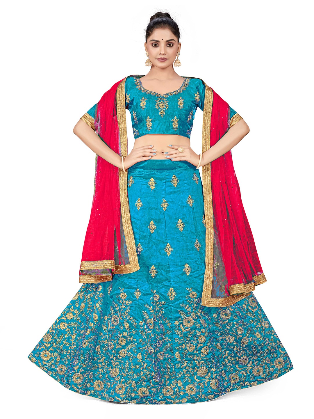 

MANVAA Embroidered Beads and Stones Semi-Stitched Lehenga & Unstitched Blouse With Dupatta, Blue