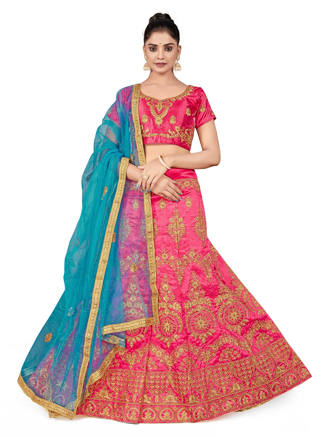 

MANVAA Embroidered Semi-Stitched Lehenga & Unstitched Blouse With Dupatta, Pink