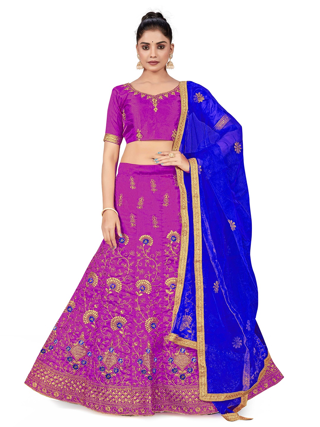 

MANVAA Embroidered Thread Work Semi-Stitched Lehenga & Unstitched Blouse With Dupatta, Purple