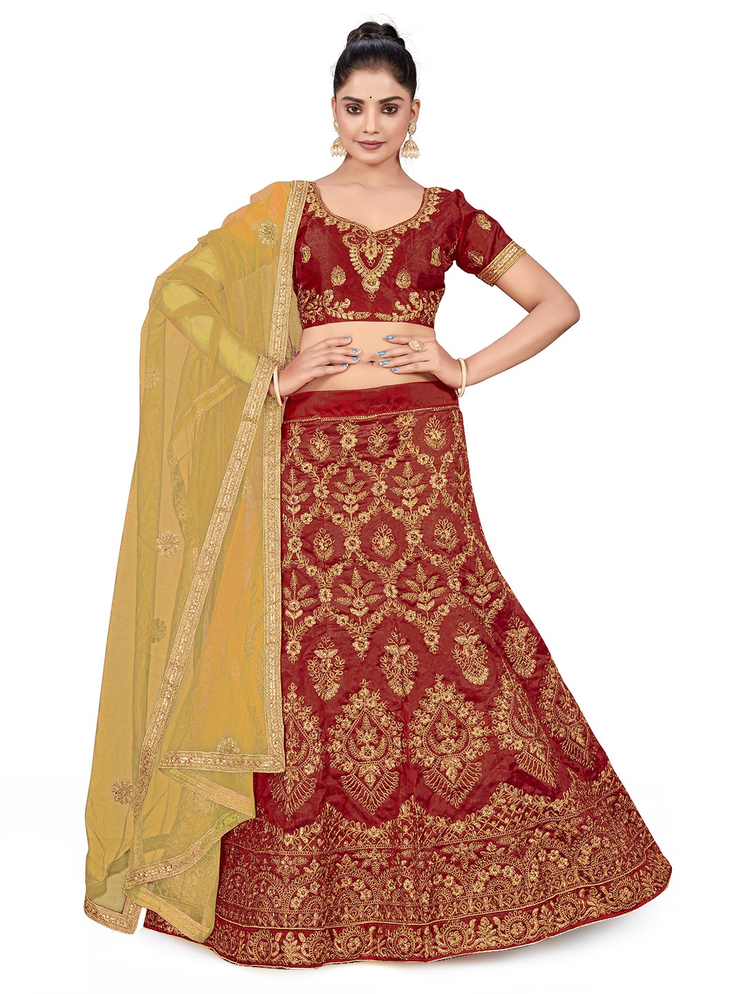 

MANVAA Embroidered Zari Semi-Stitched Lehenga & Unstitched Blouse With Dupatta, Maroon