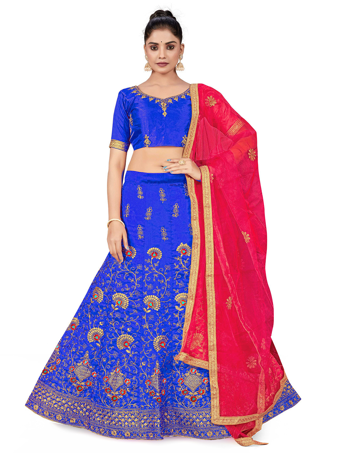 

MANVAA Embroidered Beads and Stones Semi-Stitched Lehenga & Unstitched Blouse With Dupatta, Blue