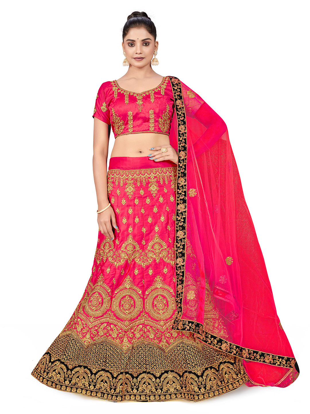 

MANVAA Embroidered Beads and Stones Semi-Stitched Lehenga & Unstitched Blouse With Dupatta, Pink