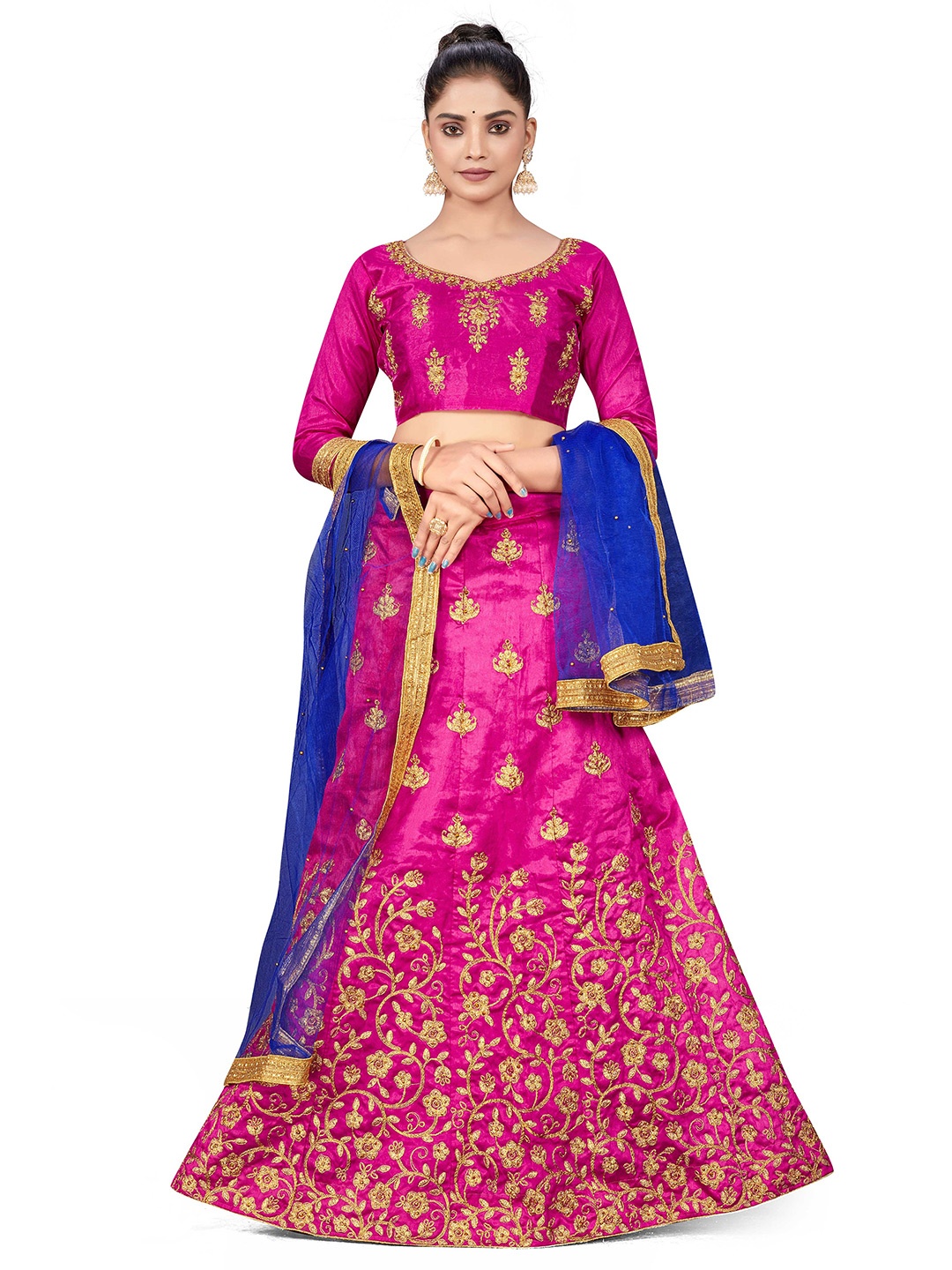 

MANVAA Embroidered Zari Semi-Stitched Silk Lehenga & Unstitched Blouse With Dupatta, Pink