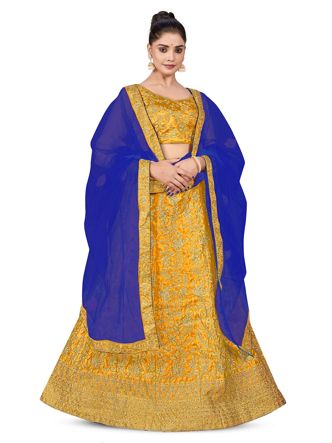

MANVAA Embroidered Zari Semi-Stitched Lehenga & Unstitched Blouse With Dupatta, Mustard