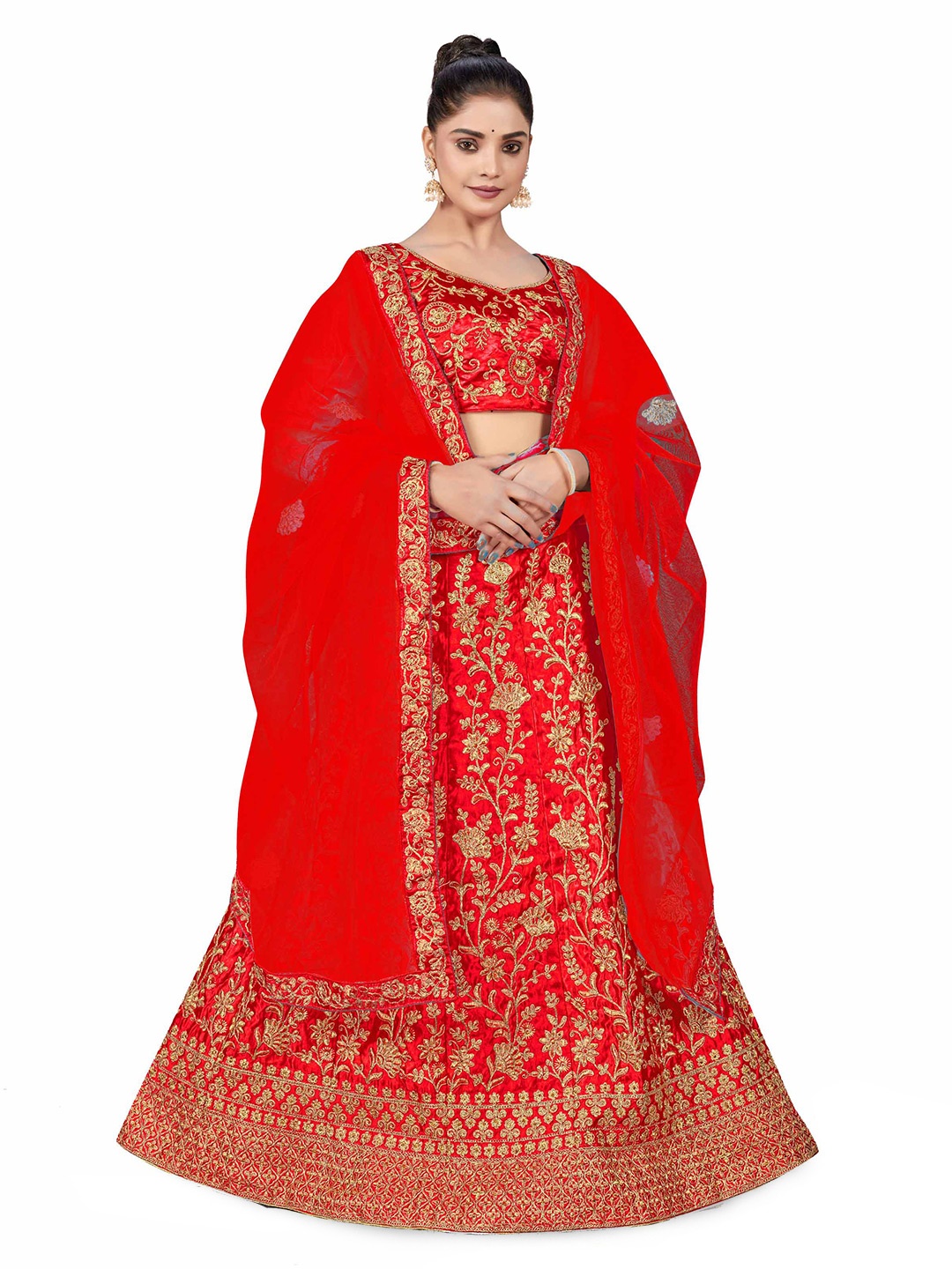 

MANVAA Embroidered Satin Semi Stitched Lehenga & Unstitched Blouse With Dupatta, Red