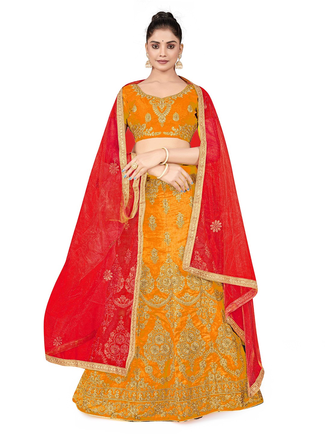 

MANVAA Embroidered Semi-Stitched Lehenga & Unstitched Blouse With Dupatta, Mustard