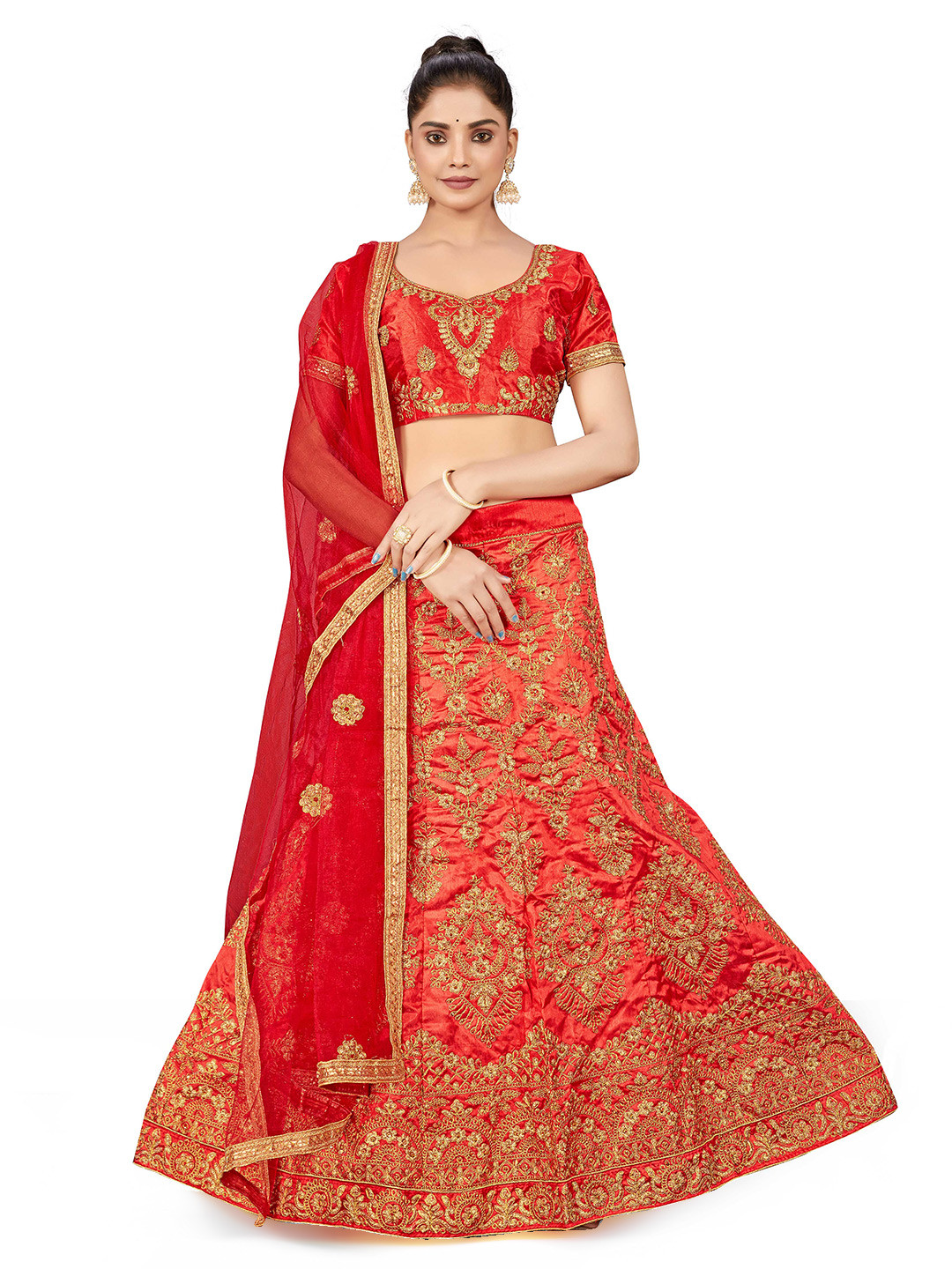 

MANVAA Ethnic Embroidered Zari Semi-Stitched Lehenga & Unstitched Blouse With Dupatta, Rust