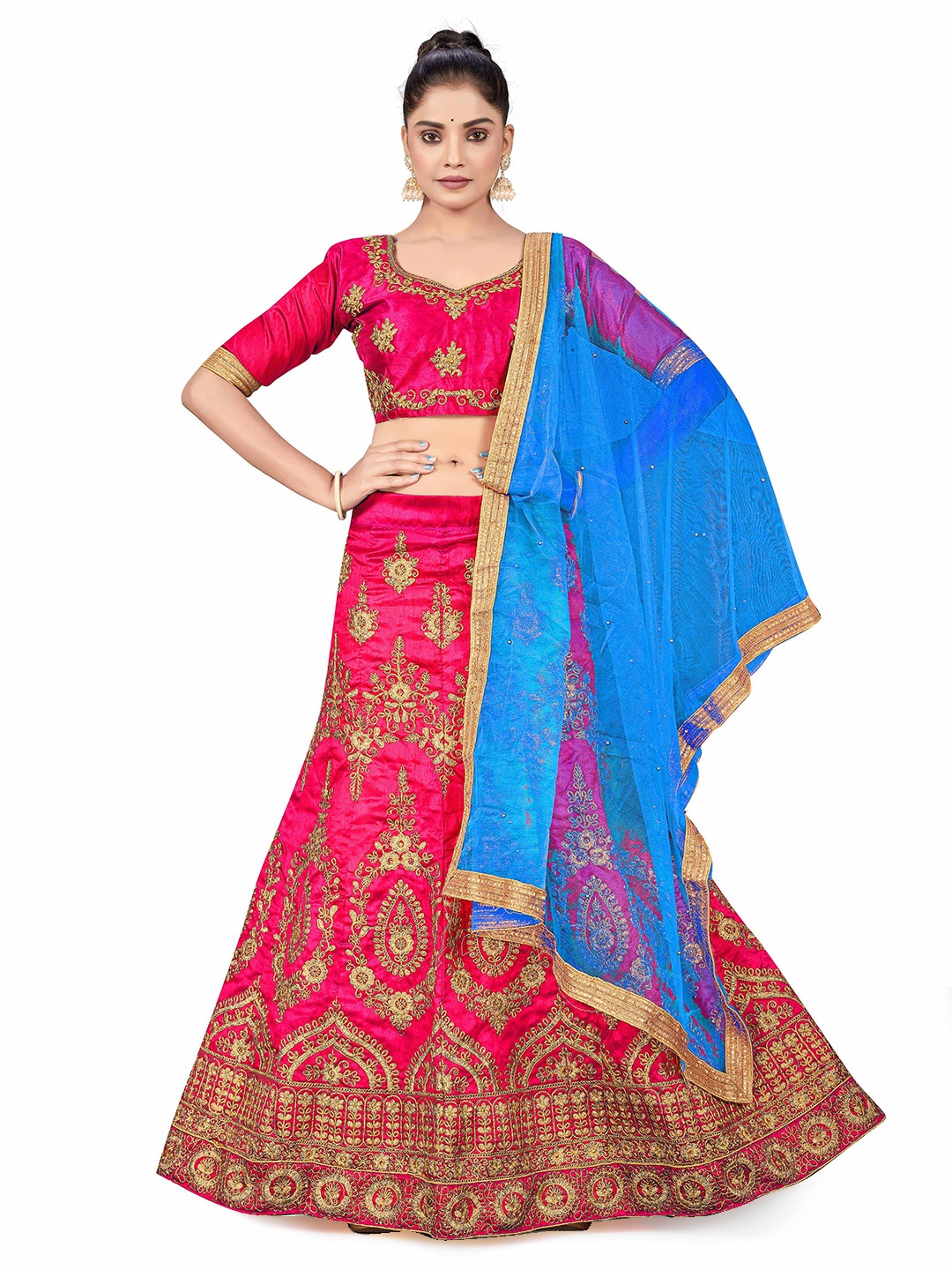 

MANVAA Embroidered Zari Semi-Stitched Lehenga & Unstitched Blouse With Dupatta, Pink