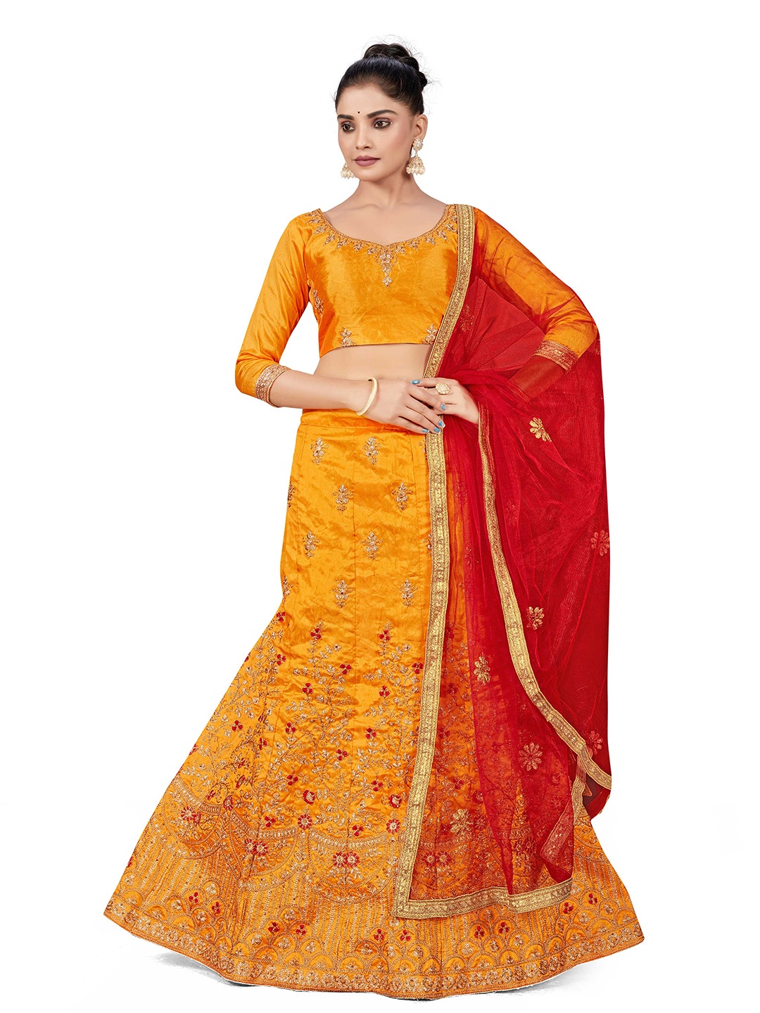 

MANVAA Embroidered Beads and Stones Semi-Stitched Lehenga & Unstitched Blouse With Dupatta, Yellow