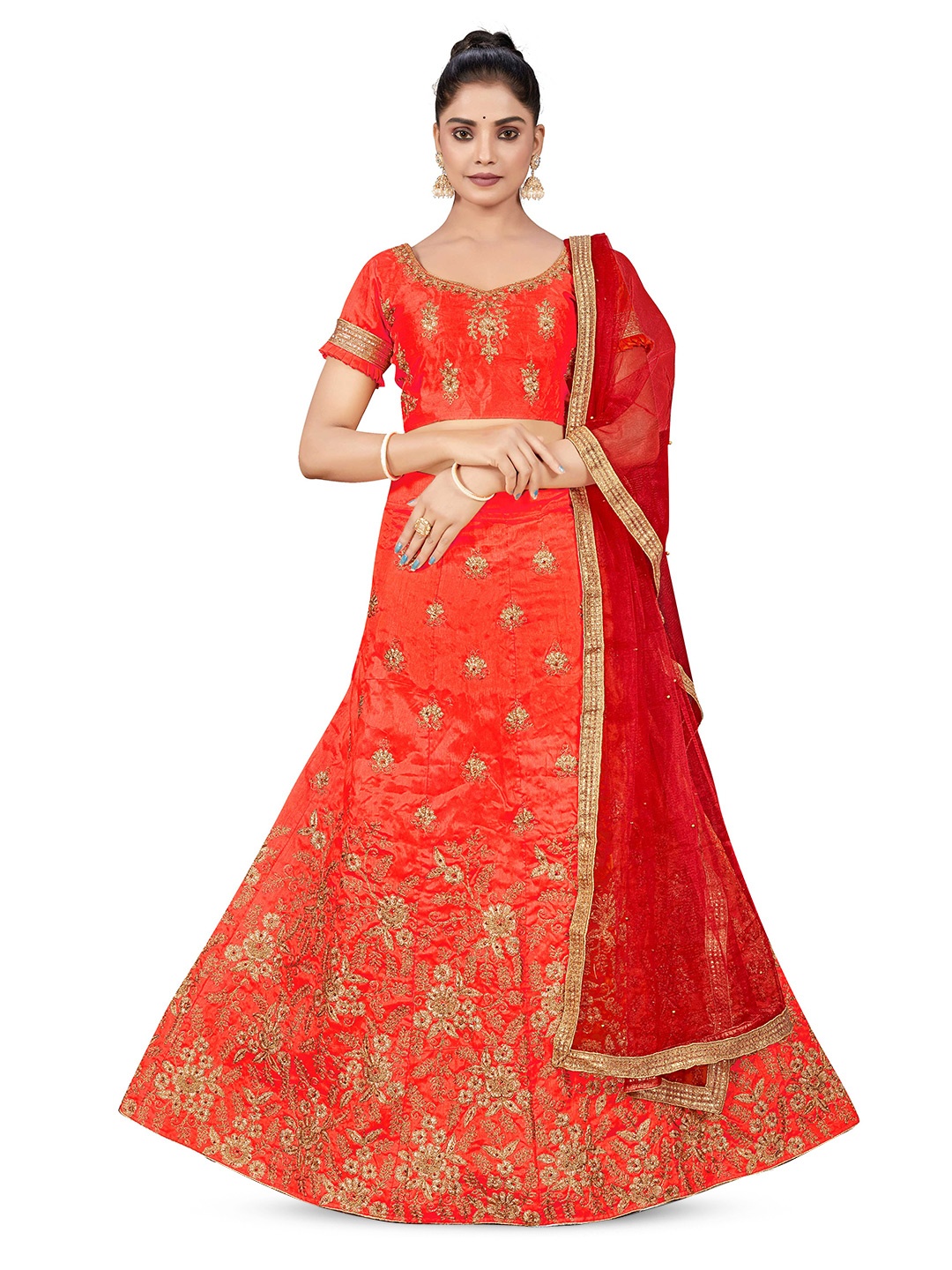 

MANVAA Embroidered Zari Semi-Stitched Lehenga & Unstitched Blouse With Dupatta, Orange