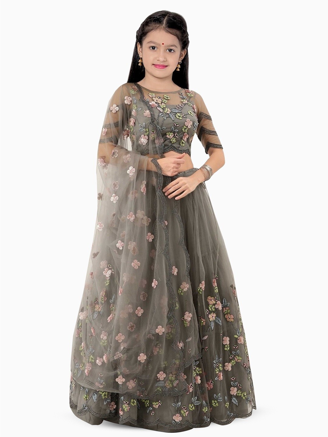 

BAESD Girls Embroidered Net Semi-Stitched Lehenga & Unstitched Blouse With Dupatta, Grey