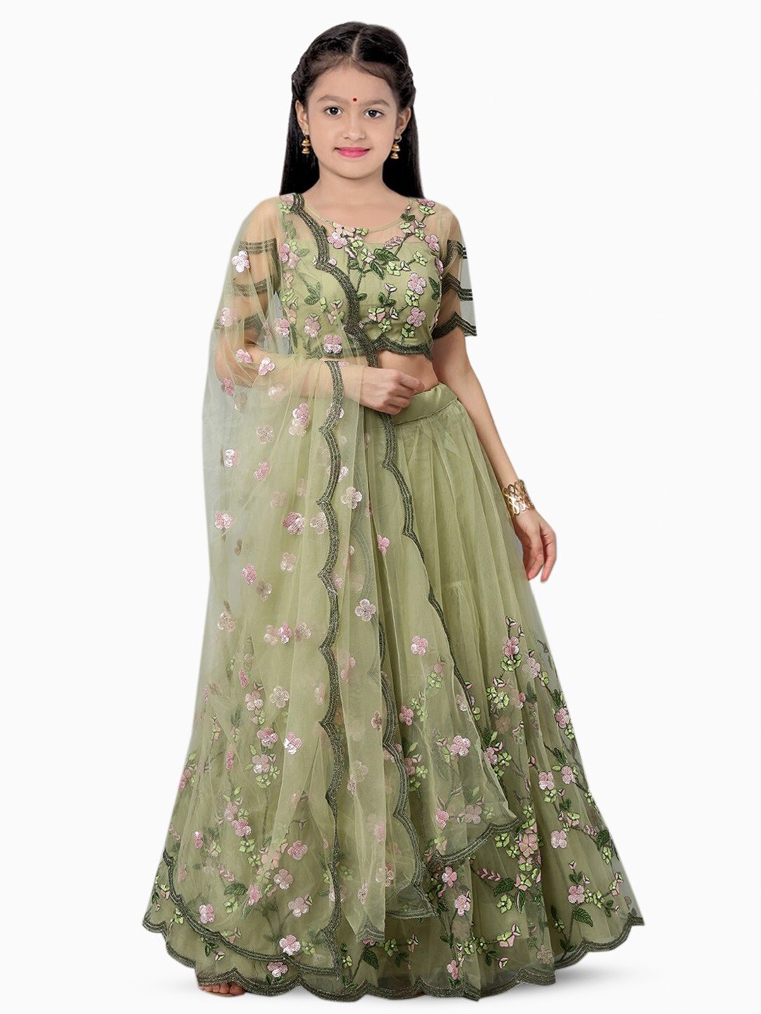 

BAESD Girls Embroidered Net Semi-Stitched Lehenga & Unstitched Blouse With Dupatta, Olive