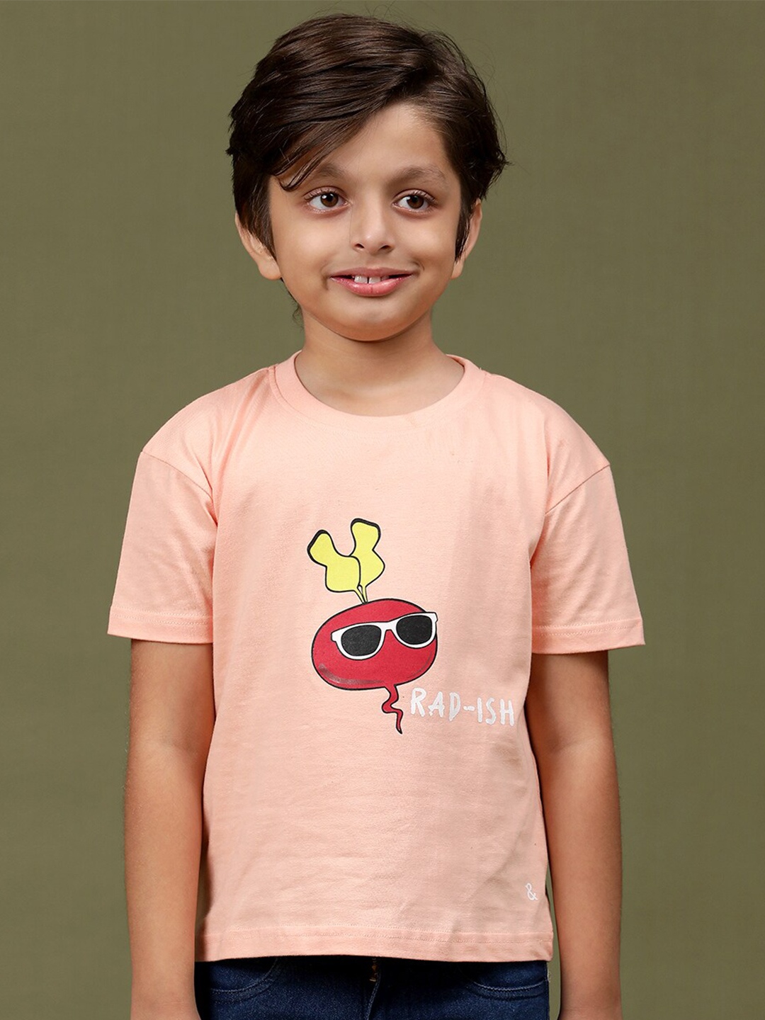 

TALES & STORIES Boys Typography Striped Applique Round Neck Cotton T-shirt, Pink