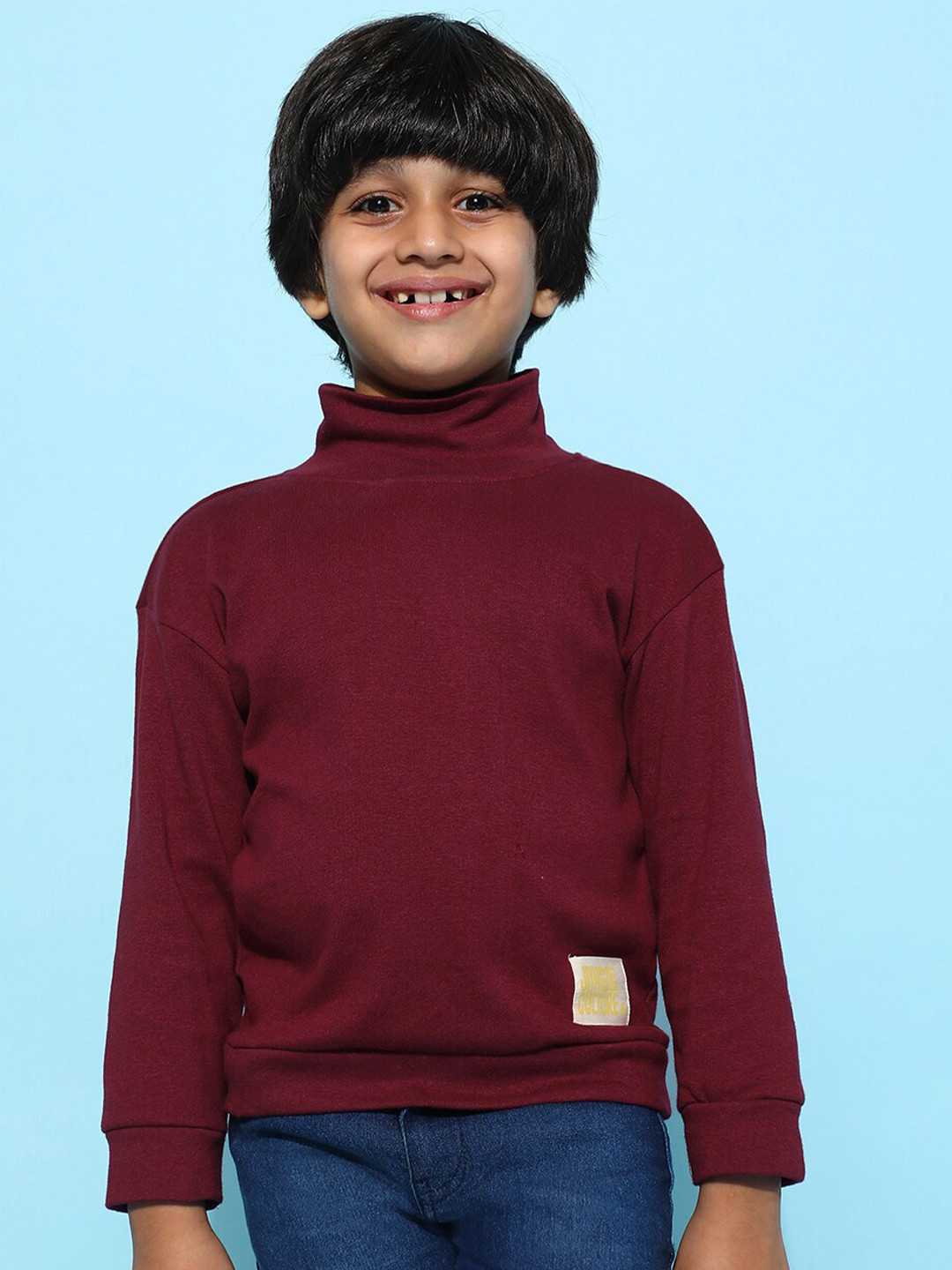 

TALES & STORIES Boys Striped High Neck Applique Cotton T-shirt, Maroon