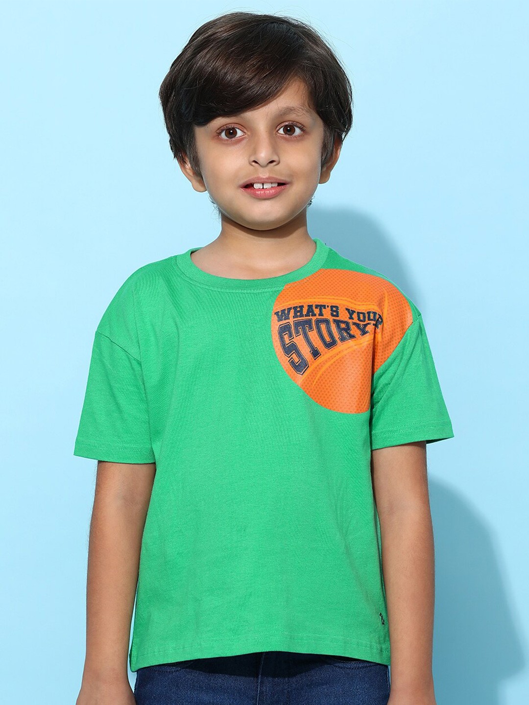 

TALES & STORIES Boys Typography Printed Pockets Round Neck Cotton T-shirt, Green
