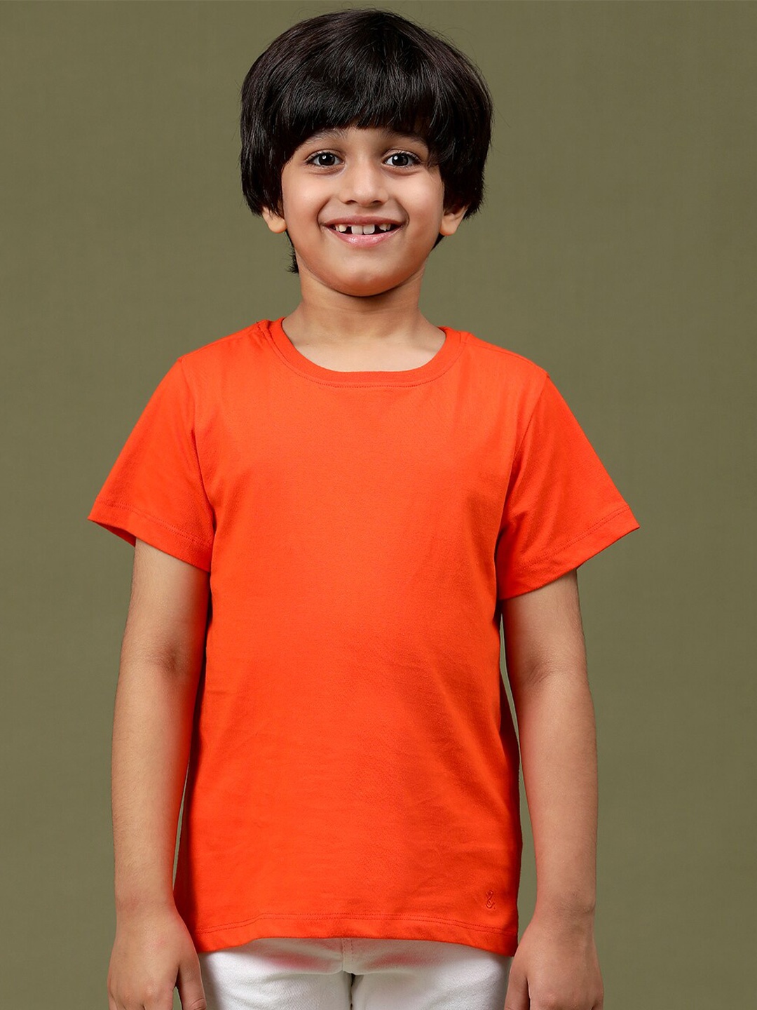 

TALES & STORIES Boys Raw Edge Round Neck Cotton T-shirt, Orange