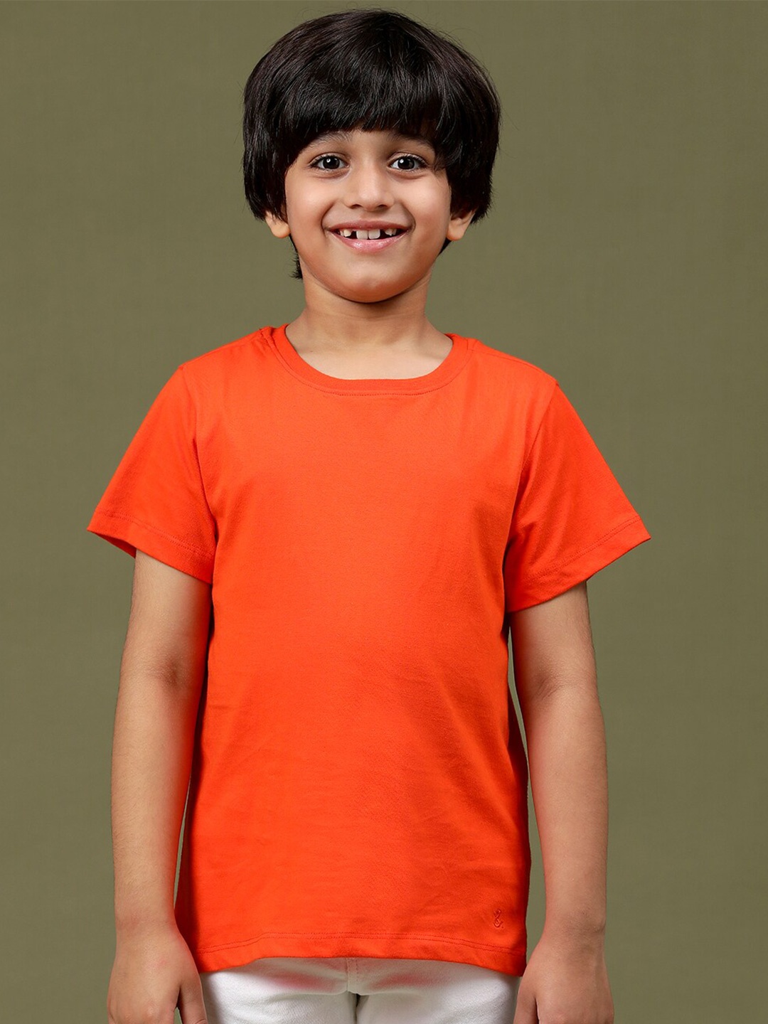 

TALES & STORIES Boys Raw Edge Round Neck Cotton T-shirt, Orange