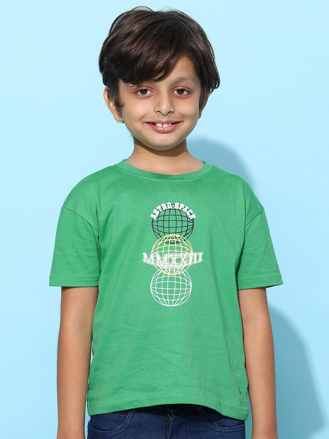 

TALES & STORIES Boys Printed Round Neck Cotton T-shirt, Green