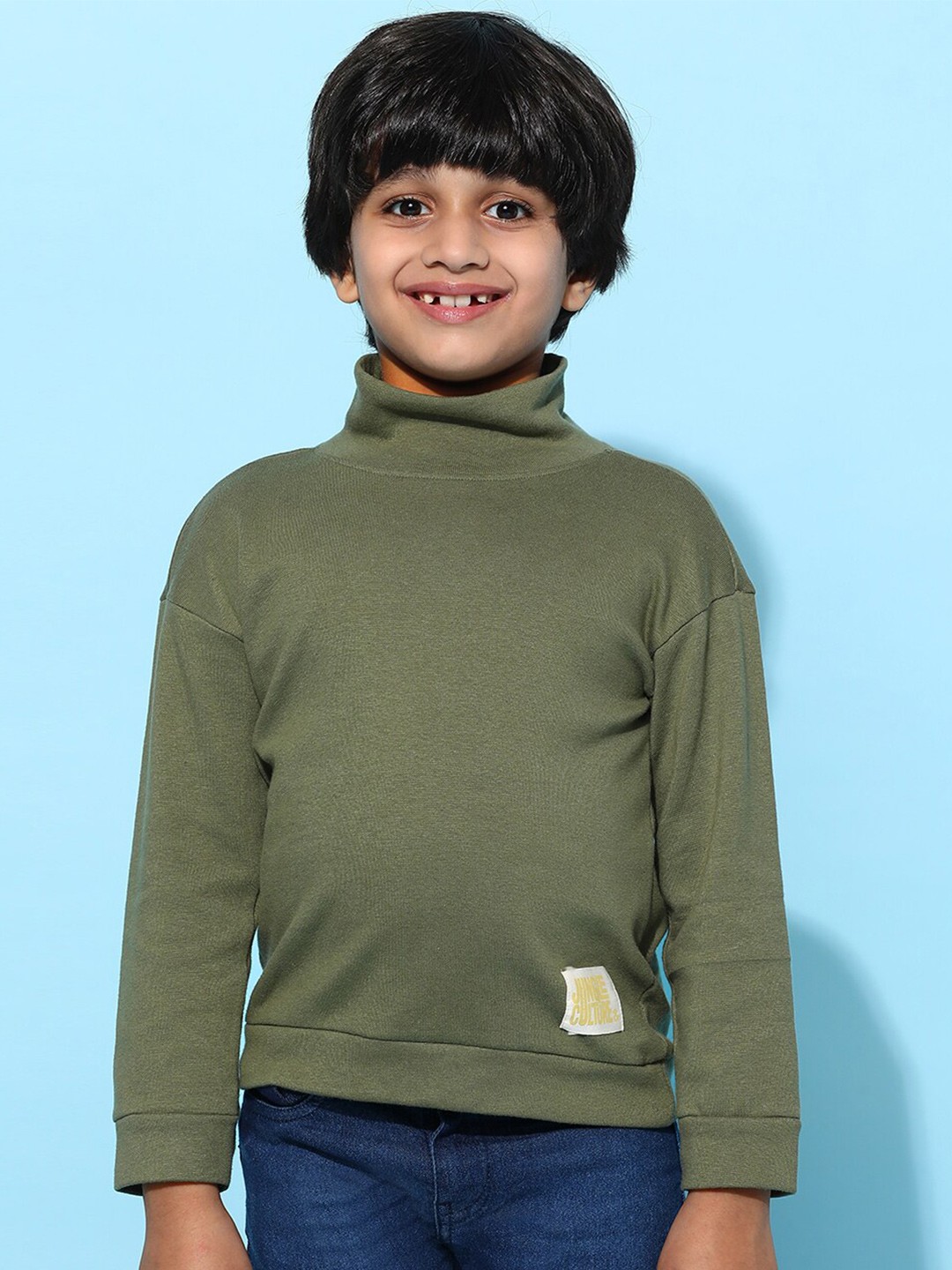 

TALES & STORIES Boys High Neck Applique High Neck Cotton T-shirt, Olive