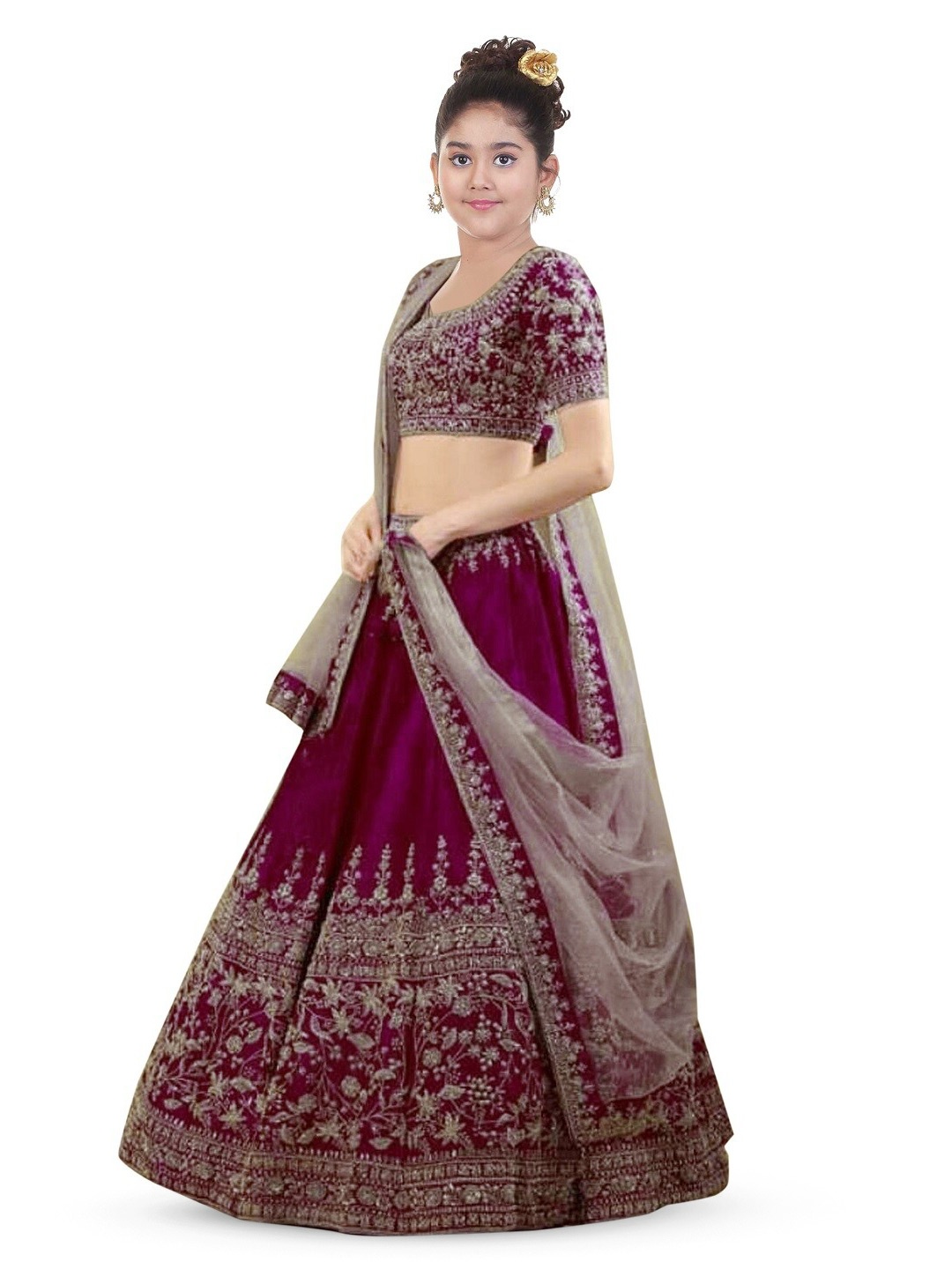 

BAESD Girls Embroidered Net Semi-Stitched Lehenga & Unstitched Blouse With Dupatta, Grey