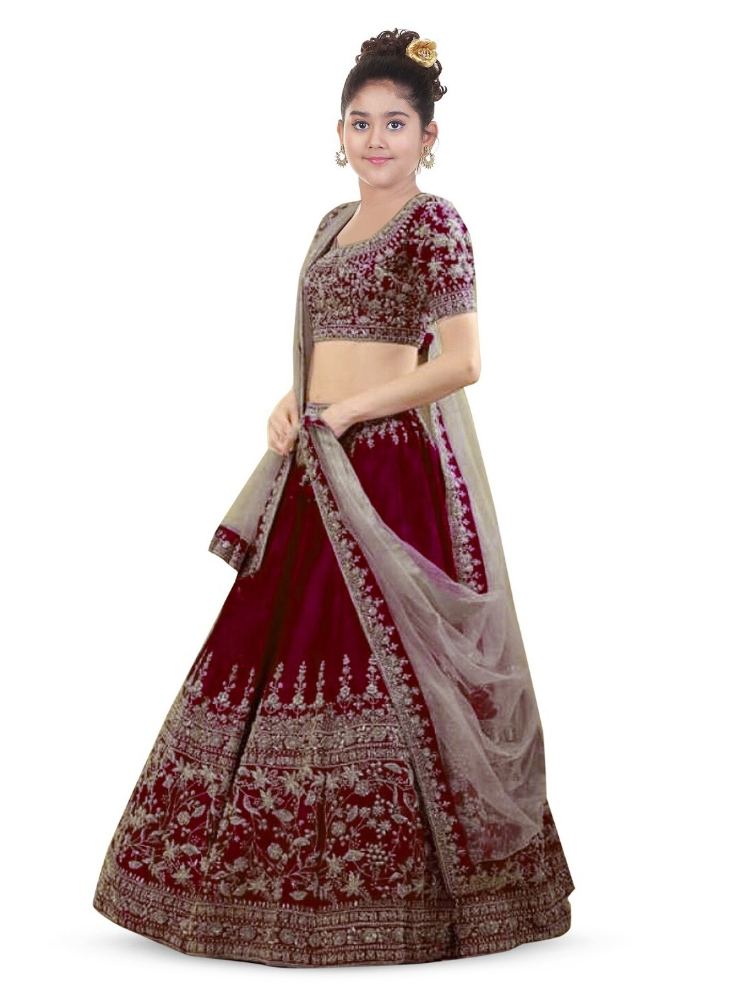 

BAESD Girls Embroidered Beads and Stones Semi-Stitched Lehenga & Blouse With Dupatta, Maroon