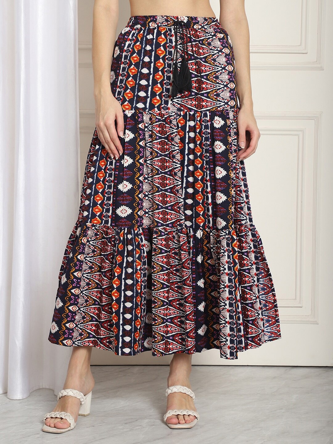 

NEUDIS Ethnic Motifs Printed Tiered A-Line Maxi Skirt, Brown