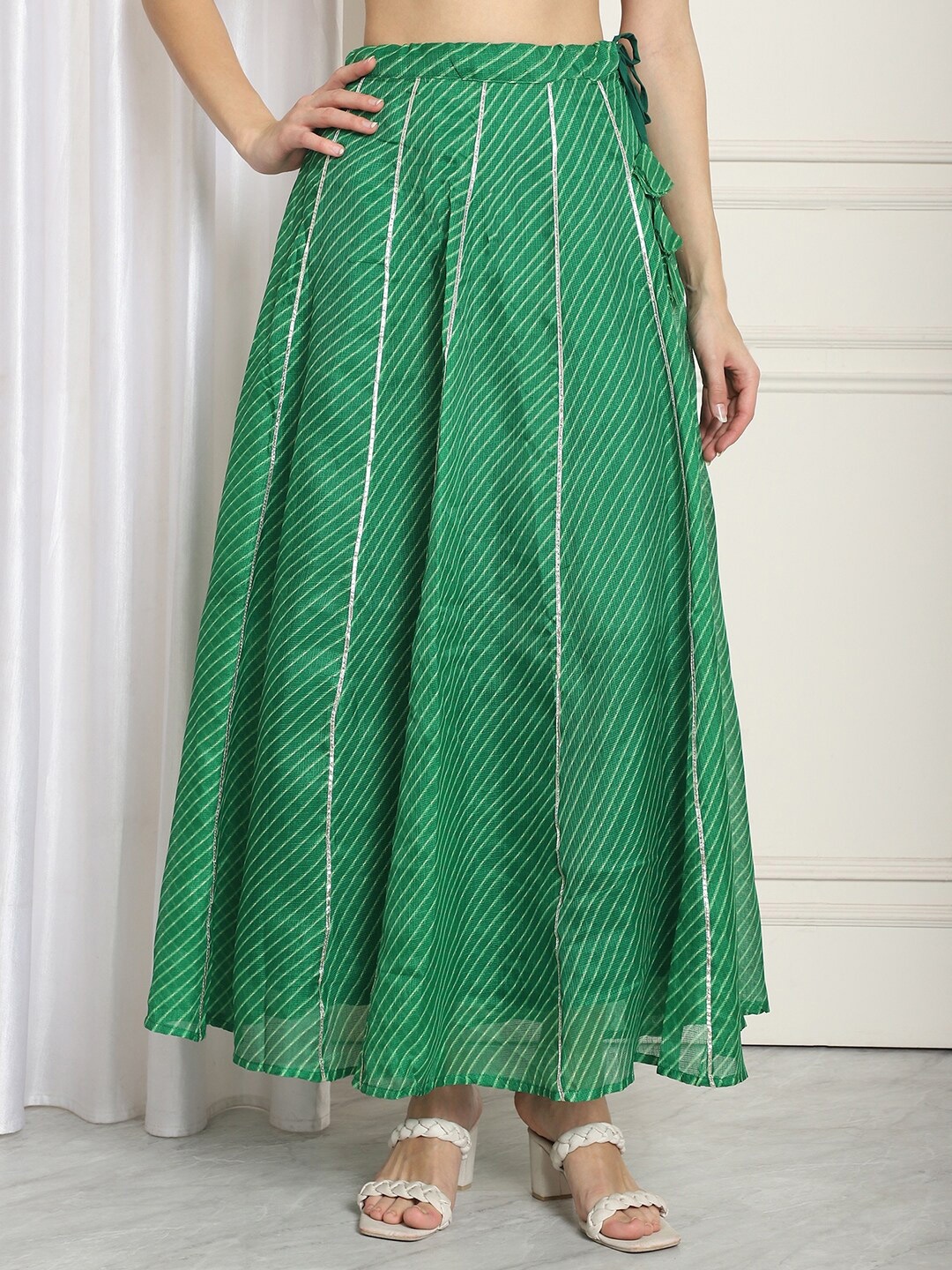 

NEUDIS Striped Flared Maxi Length Skirt, Green
