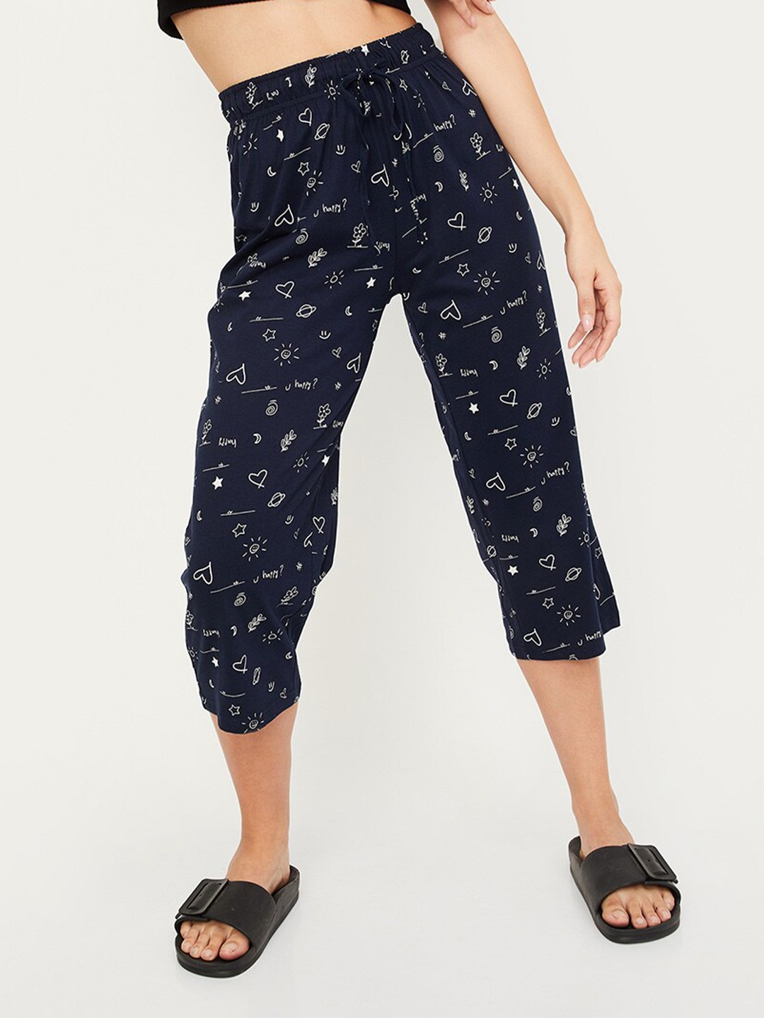 

max Women Printed Mid-Rise Pure Cotton Capris, Navy blue