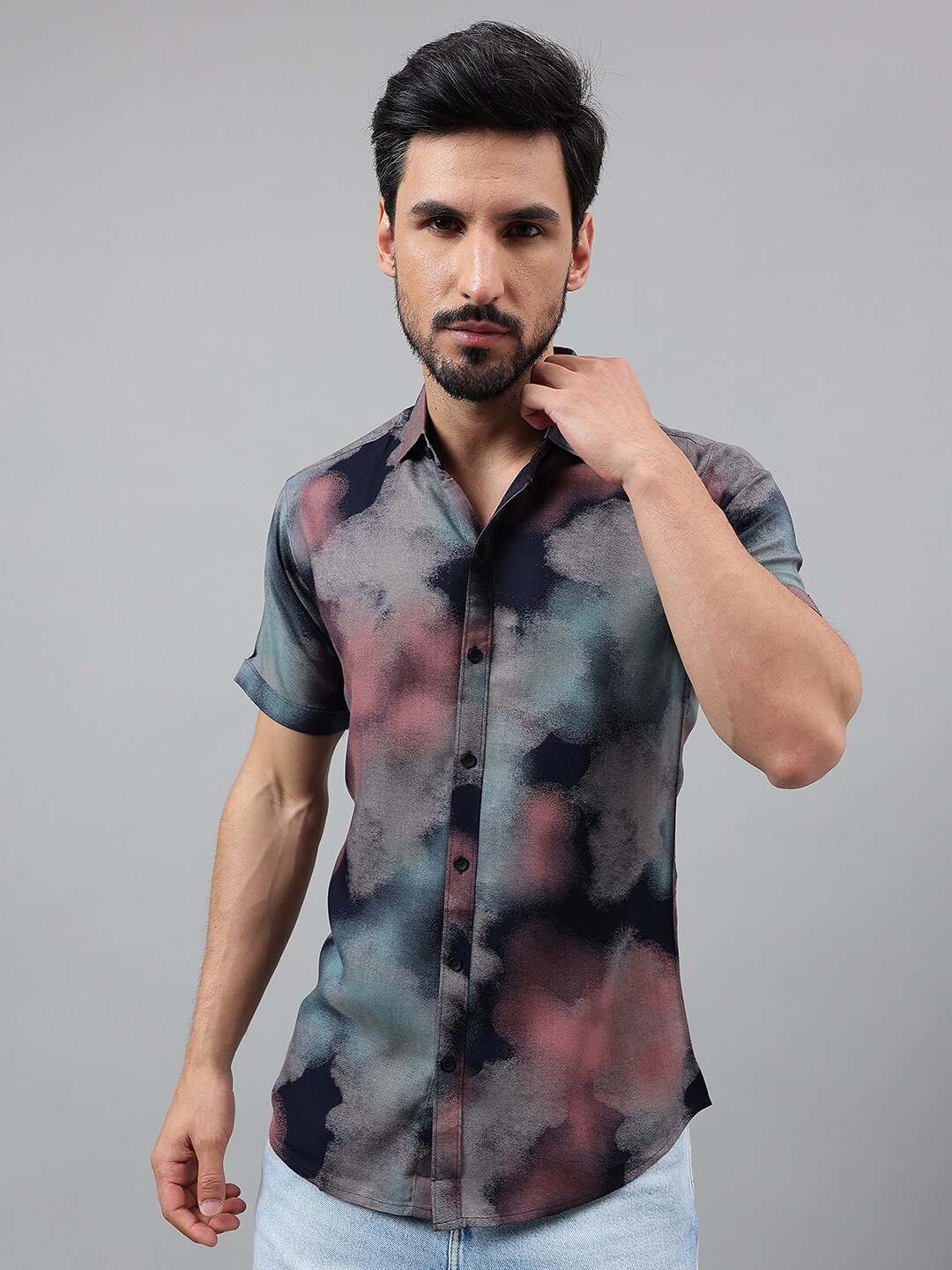 

Voroxy New Faded Printed Spread Collar Short Sleeves Casual Shirt, Blue