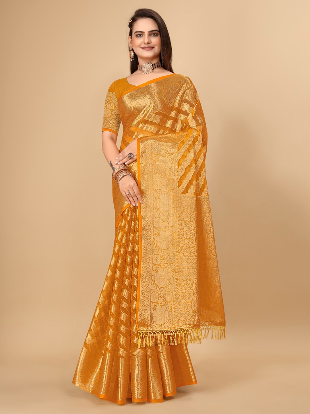

Pionex Woven Design Zari Banarasi Saree, Orange