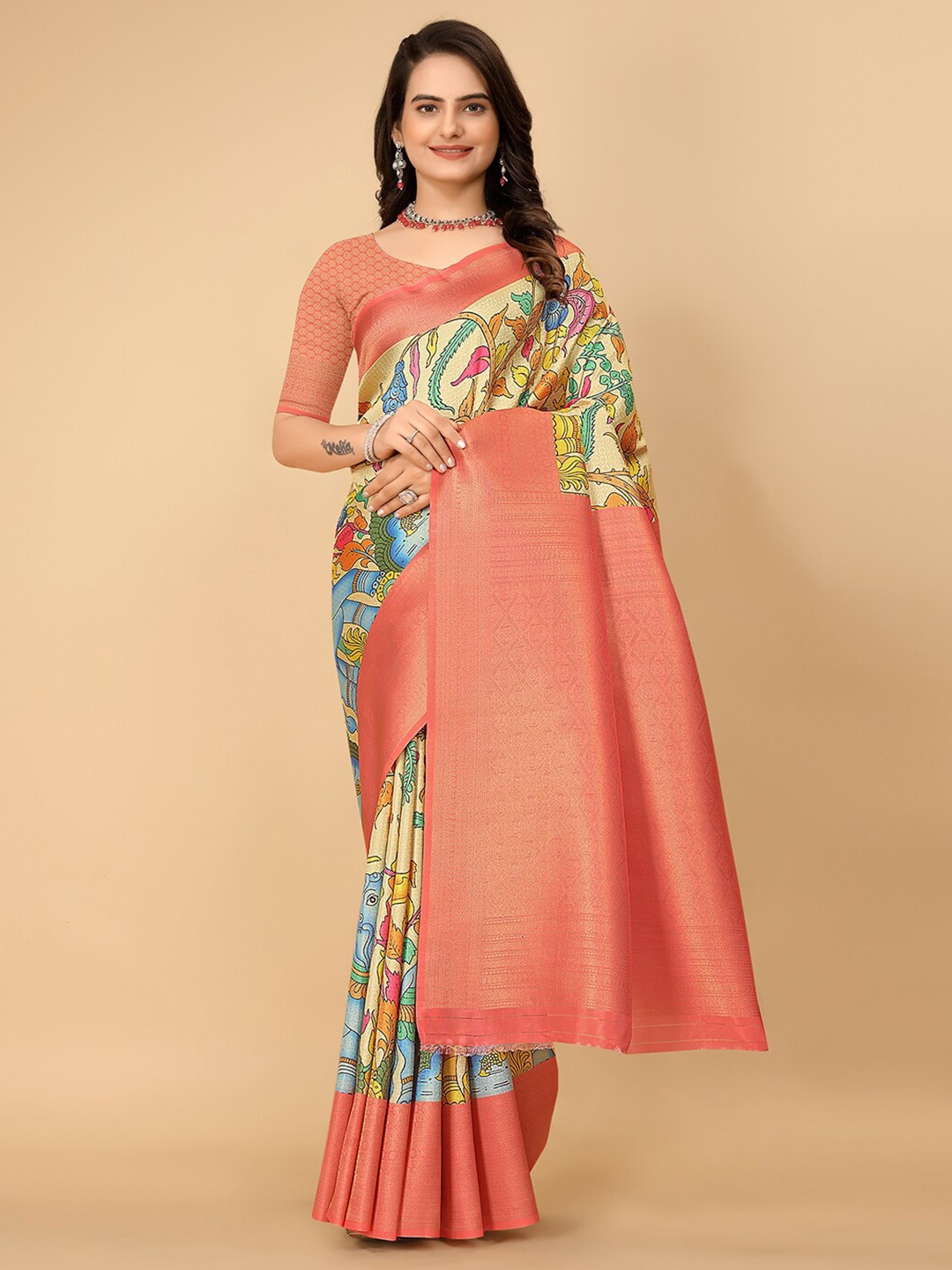 

Pionex Floral Printed Zari Pure Silk Banarasi Saree, Peach