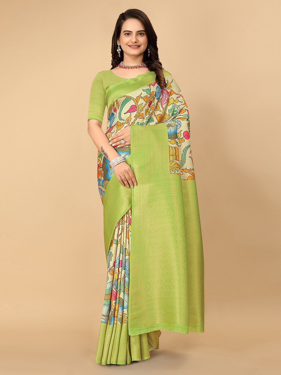 

Pionex Floral Woven Design Zari Pure Silk Banarasi Saree, Green