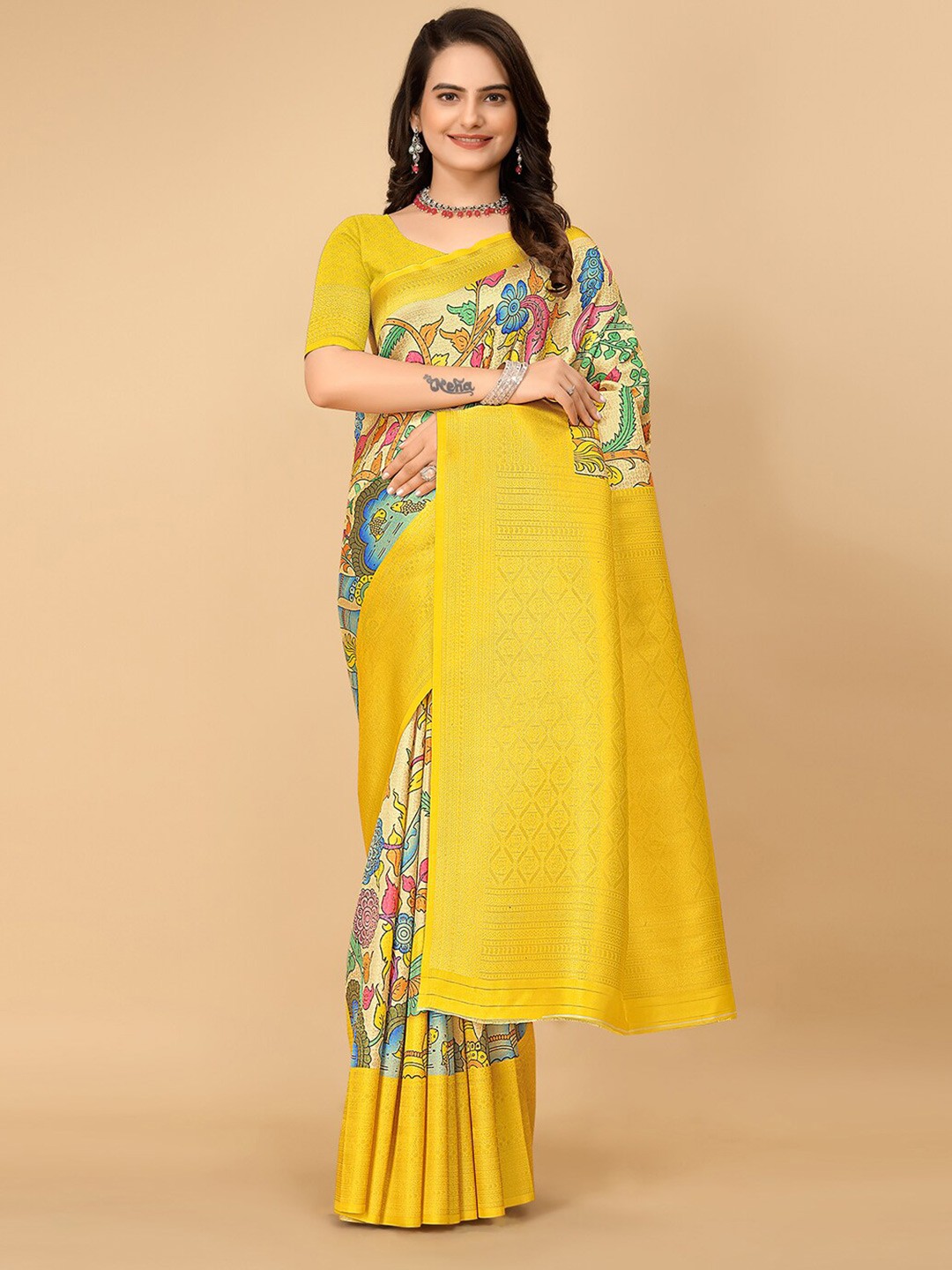 

Pionex Kalamkari Printed Zari Pure Silk Banarasi Saree, Yellow