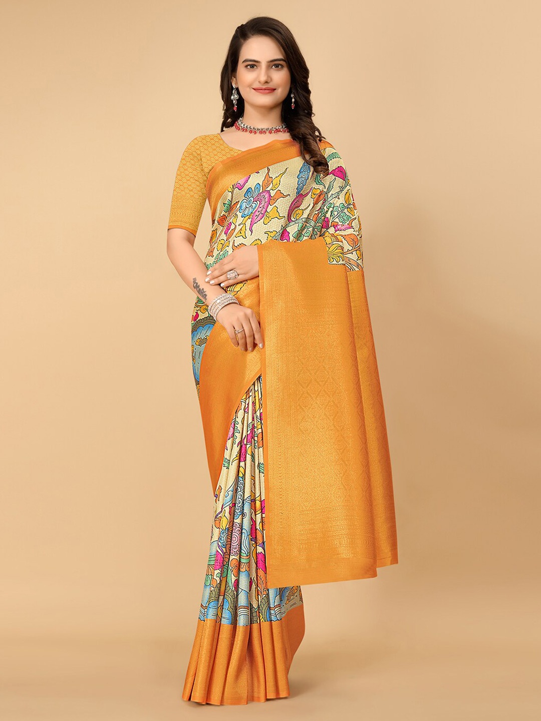

Pionex Kalamkari Printed Zari Pure Silk Banarasi Saree, Gold