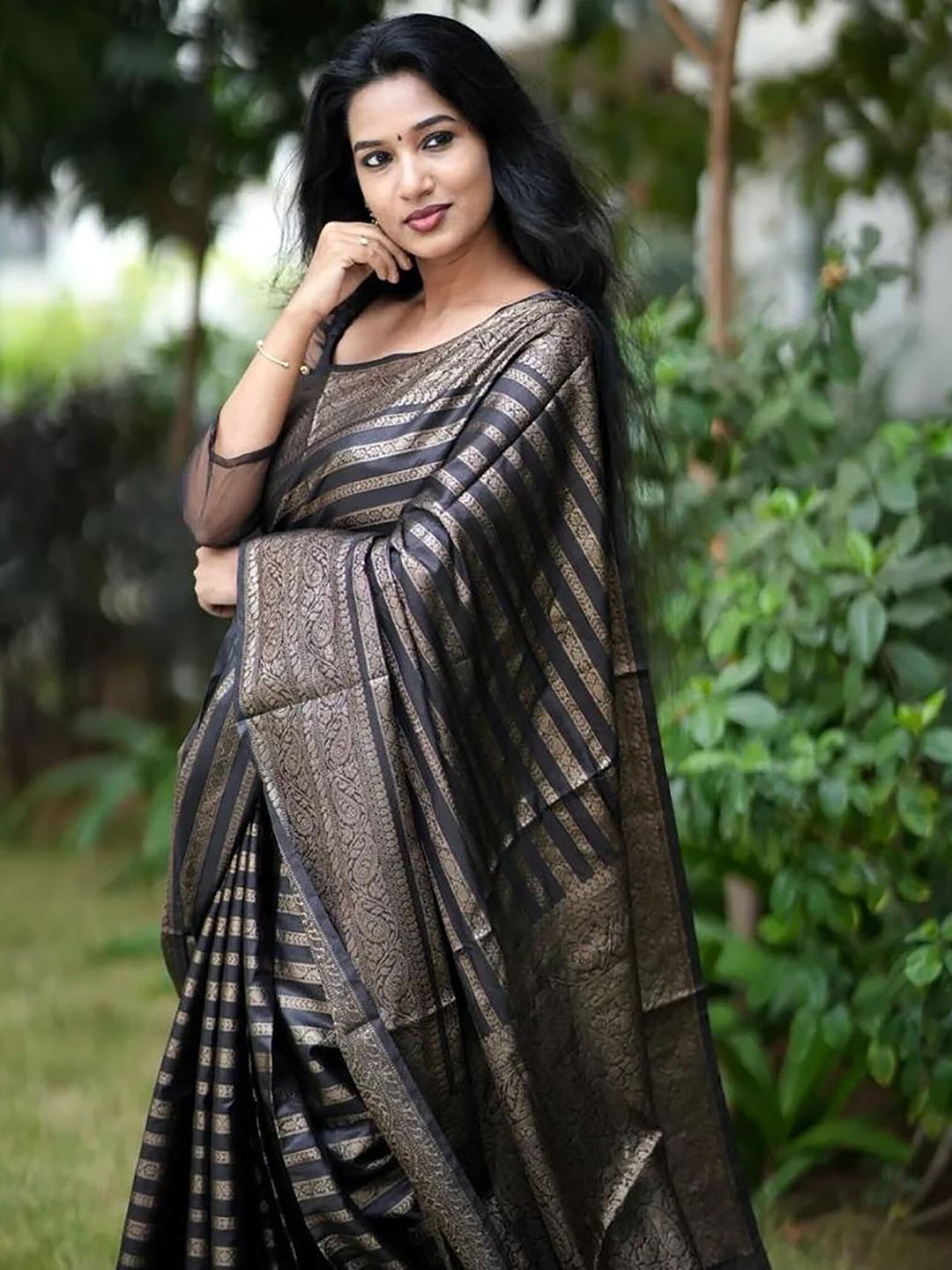 

BerMondsey Striped Woven Design Zari Banarasi Saree, Black