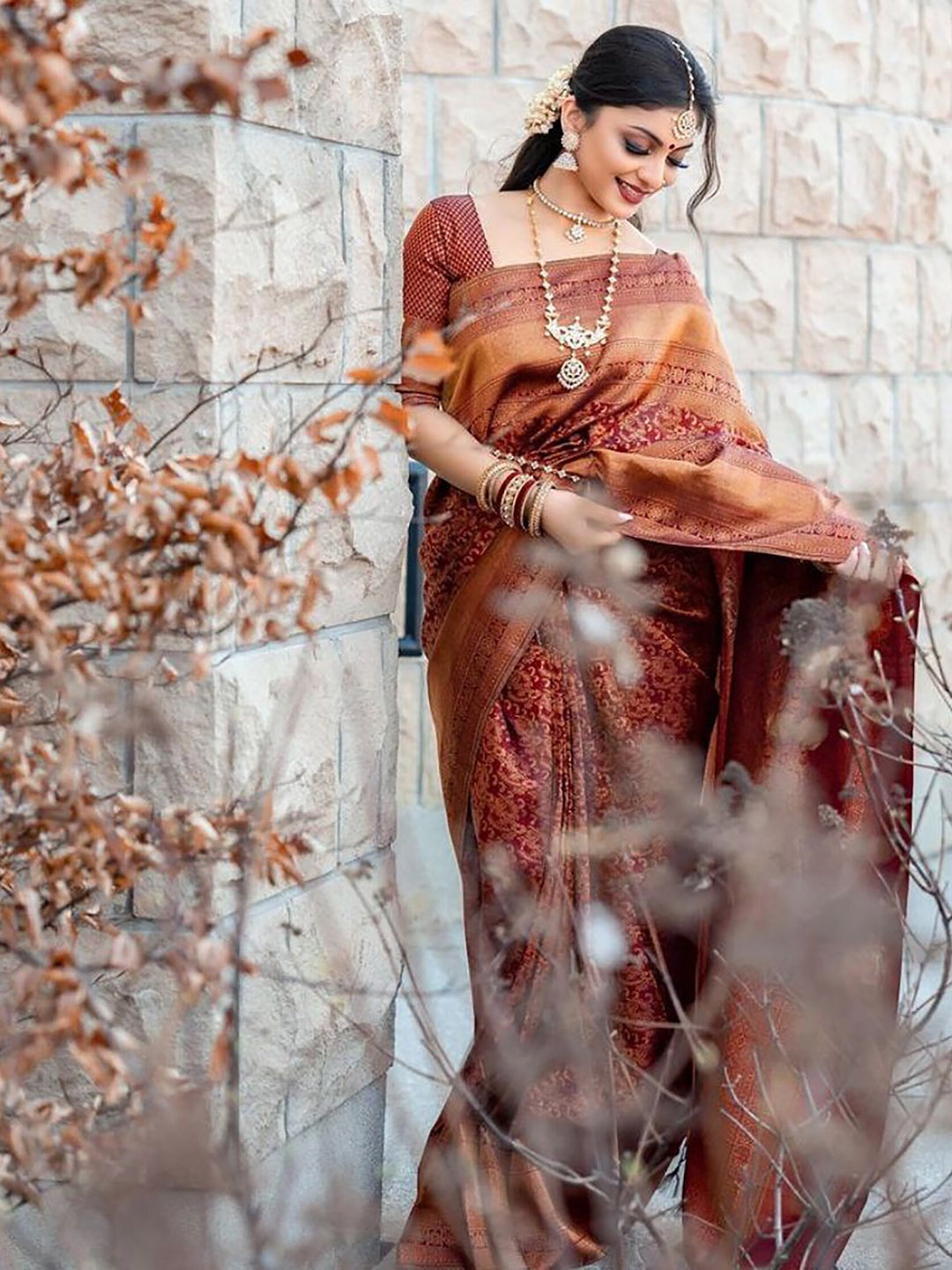 

BerMondsey Ethnic Motifs Woven Design Zari Banarasi Saree, Maroon