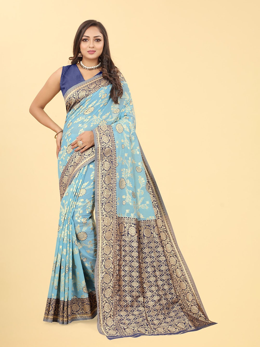 

BerMondsey Ethnic Motifs Woven Design Zari Banarasi Saree, Turquoise blue