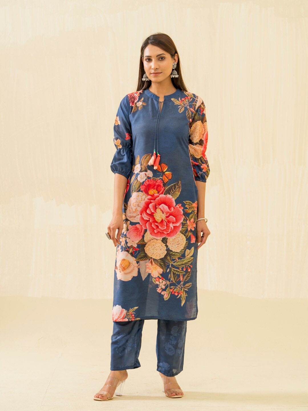 

Ishin Floral Printed Regular Cotton Kurta with Trousers, Teal
