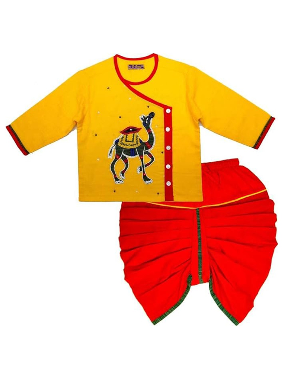 

BAESD Boys Animal Embroidered Thread Work Pure Cotton Kurta with Pyjamas, Yellow