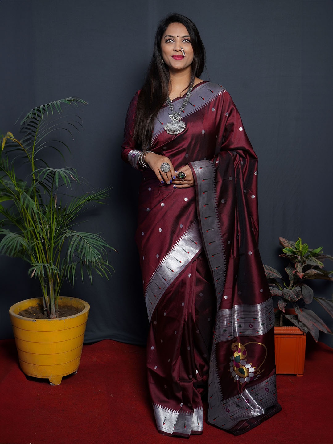 

ZELZIS Woven Design Ethnic Motifs Zari Organza Saree, Maroon