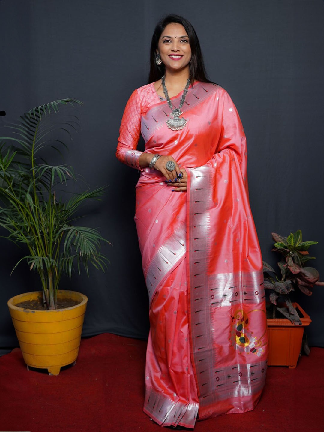 

ZELZIS Woven Design Ethnic Motifs Zari Organza Saree, Peach